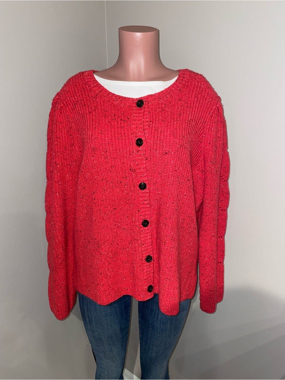 Talbots Red Speckle Puff Sleeve Button-Front Cardigan 2X. NWT